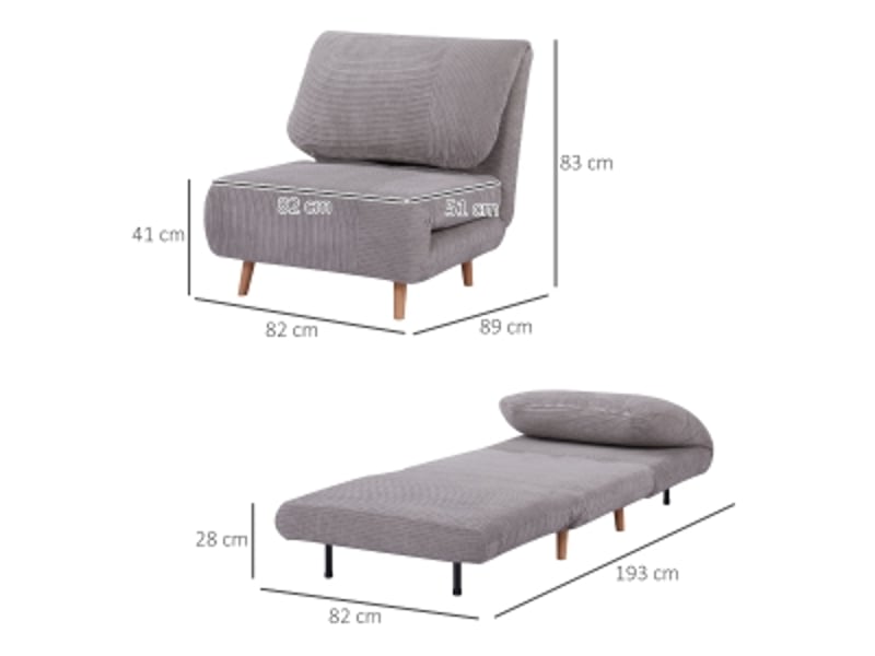 Fauteuil convertible en lit gris clair, revêtement en velours côtelé, dossier inclinable, couchage d'appoint pour salon - Conforama C