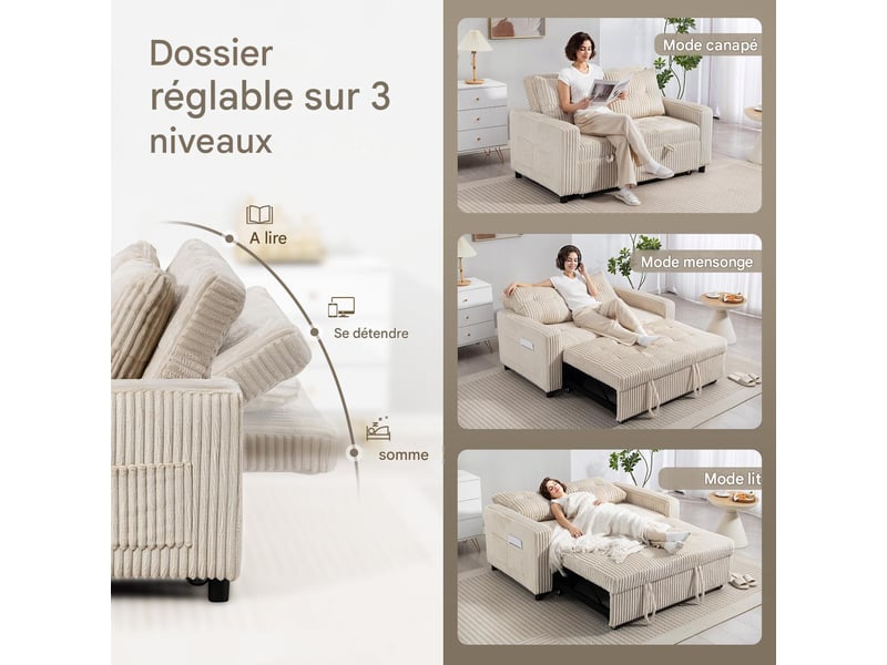  Canapé convertible 2 places en velours côtelé blanc crème 157 x 90 x 91 cm  - Conforama E