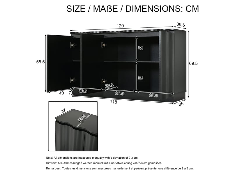 Buffet 120x35x69,5 cm avec led rgb bluetooth et commande par application, meuble de rangement à façade ondulée, 3 portes et étagères réglables, noir Seren Glow - Conforama C