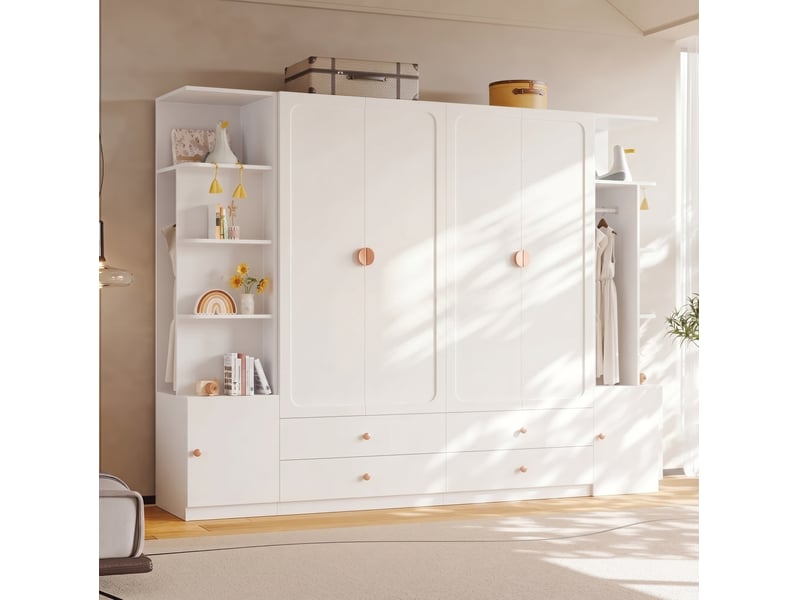  Armoire dressing 6 portes 270x45x200 cm, 4 tringles, 4 tiroirs, rangement modulable, mdf bois acier, blanc  - Conforama B