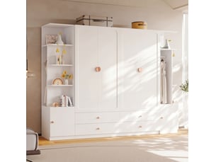 Armoire dressing 6 portes 270x45x200 cm, 4 tringles, 4 tiroirs, rangement modulable, mdf bois acier, blanc