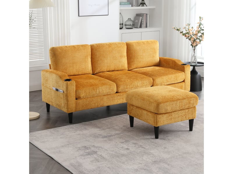  Canapé 4 places, canapé de salon – en velours, avec rangement, poches latérales, avec accoudoirs, porte-gobelets, avec pouf  - Conforama R