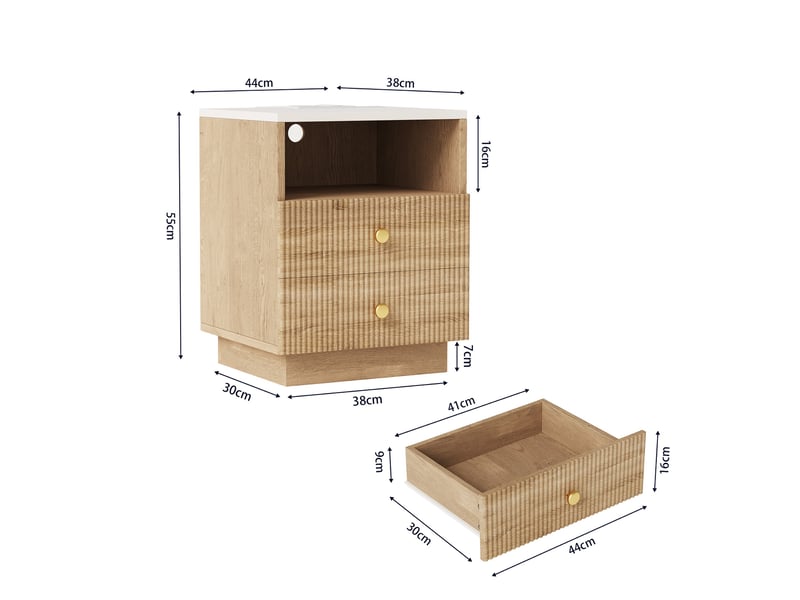  Lot de 2 tables de chevet 44x38x55cm avec led et station de charge, 2 tiroirs, en bois, chêne  - Conforama E