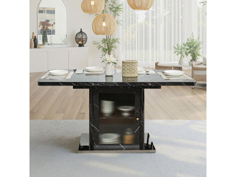  Table à manger extensible 120-160 x 80 cm avec meuble de rangement intégré, plateau mdf effet marbre noir, porte vitrée et base métal  - Conforama C