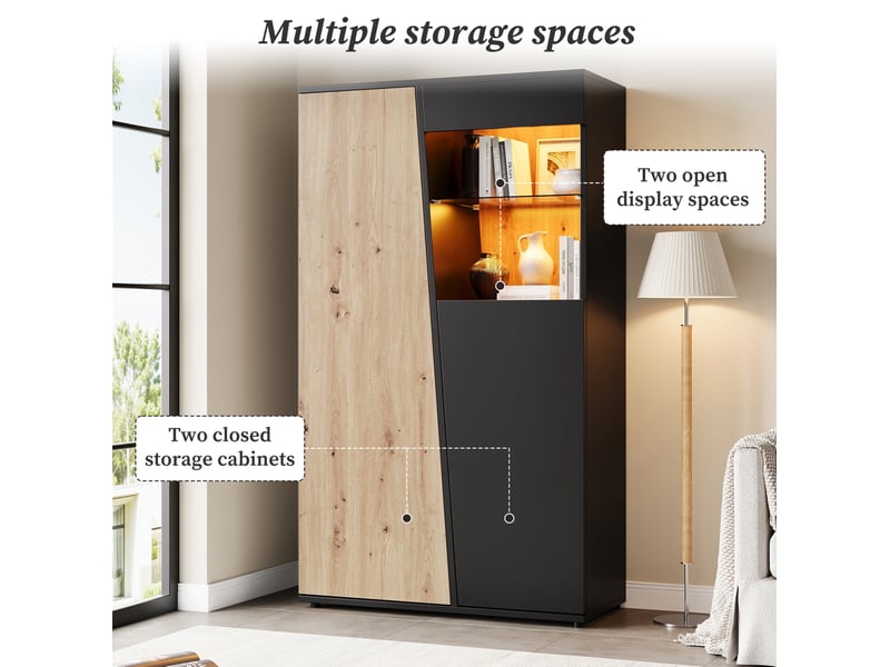  Vitrine haute led noire et bois clair, 2 portes, 7 étagères et verre réglable pour exposer vos objets  - Conforama E
