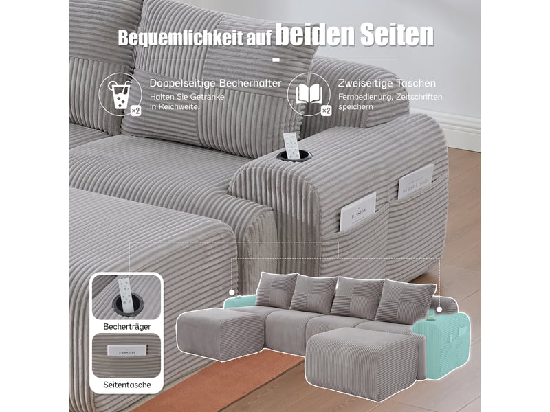 Canapé d'angle en u, canapé modulaire 4 places en velours côtelé avec 2 poufs, portes-gobelets, poche latérale, gris clair - Conforama C