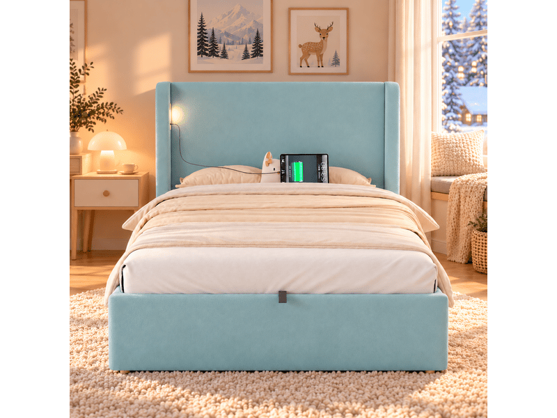  Lit simple 90 x 200 cm avec led, usbusb-c et coffre hydraulique - lit rembourré avec sommier à lattes et tête de lit enveloppante en velours bleu Fay Lum - Conforama D