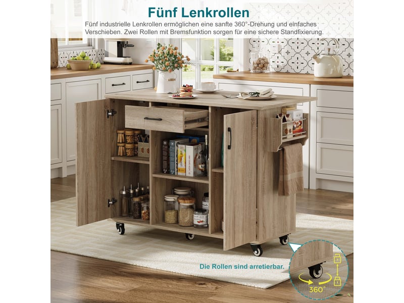  Îlot de cuisine sur roulettes 120cm avec plan de travail pliable, desserte avec tiroir et placard, finition chêne sonoma, 120x43,5x92,9cm  - Conforama W