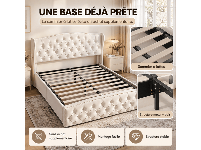  Lit rembourré 140x200 cm avec sommier à lattes relevable, lit coffre hydraulique 2 places avec espace de rangement sous le lit, tête et pied de lit capitonnés en tissu velours doux, cadre de lit double tapissé pour chambre à cou…  - Conforama D