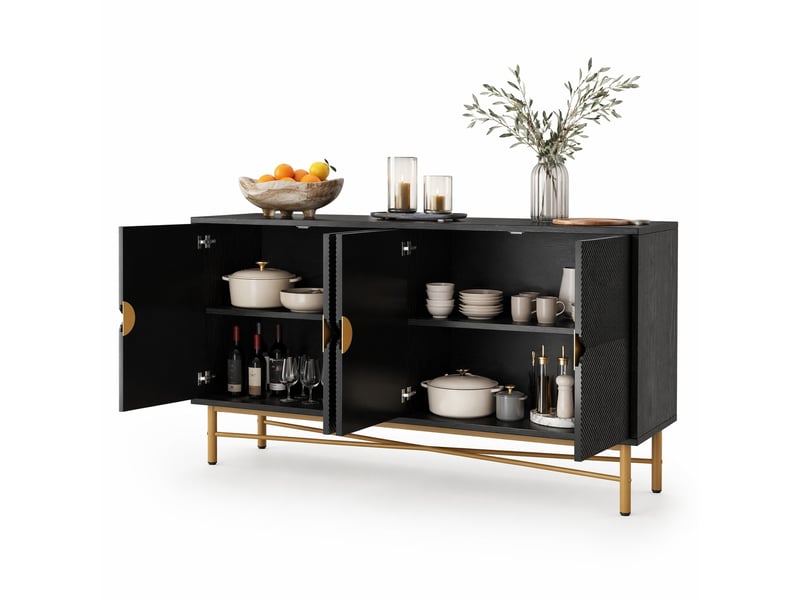 Buffet et enfilade avec 4 portes à fermeture douce, poignées dorées et pieds laqués pour salon, 160×40×82 cm, noir  - Conforama A