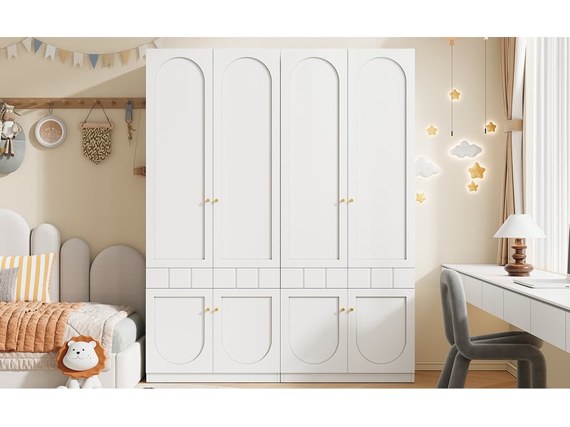  Lot de 2 armoires blanches 160 x 50 x 200 cm, penderie, tiroirs, portes laquées et poignées en métal, rangement chambre  - Conforama E