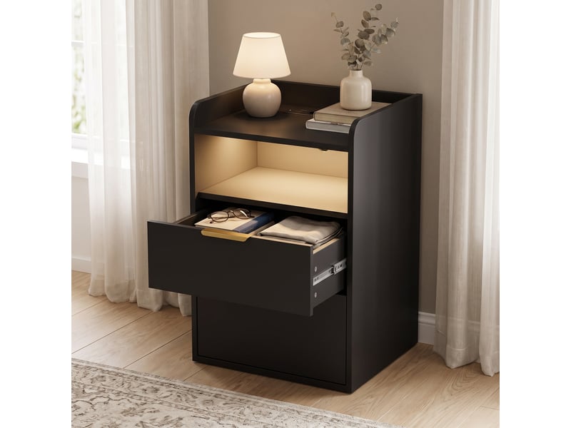  Table de chevet 40x40x60 cm avec station de charge et led, 3 tiroirs de rangement, meuble de chambre en bois, style moderne, noir  - Conforama D