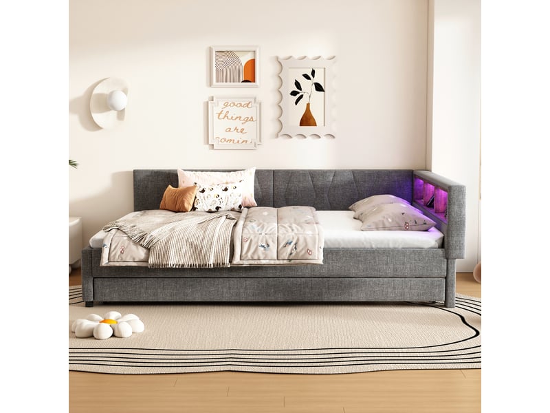  Lit gigogne 140x200 cm multifonction avec rangements, ports usb et type-c et led, lin et mdf, gris, sans matelas  - Conforama B