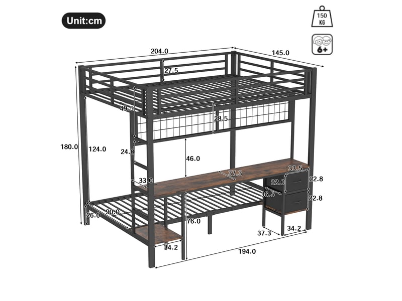  Lit superposé enfant 140x200 cm avec bureau led et rangements noir  - Conforama C