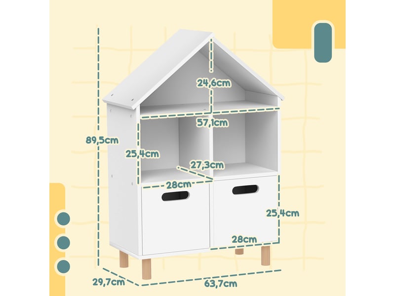  Bibliothèque enfants meuble de rangement enfants 3 niveaux avec deux tiroirs forme de maison blanc 63,7 x 29,7 x 89 cm  - Conforama C