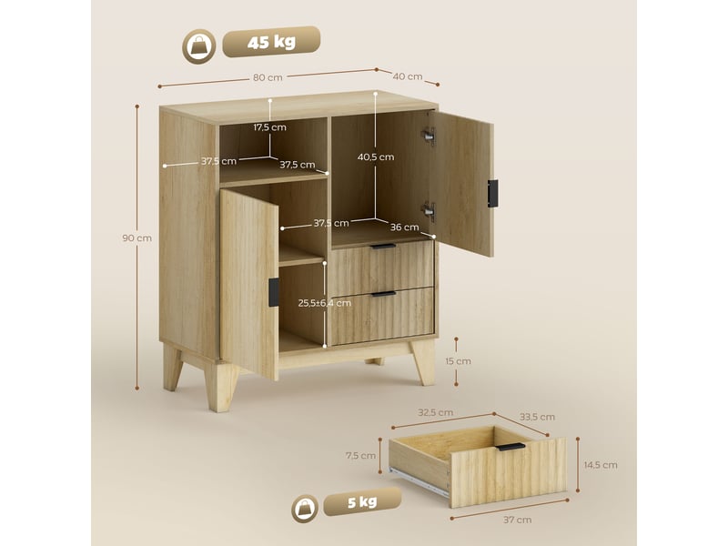  Buffet salon, meuble de rangement, 2 portes, 2 tiroirs, étagère réglable, compartiment ouvert, bois naturel, 80x40x90cm  - Conforama C