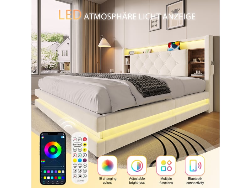 Lit coffre rembourré 140 x 200 cm, rangement hydraulique, tête de lit avec étagères, led, 2 usbtype-c, sommier à lattes, velours, beige Seren Glow - Conforama E