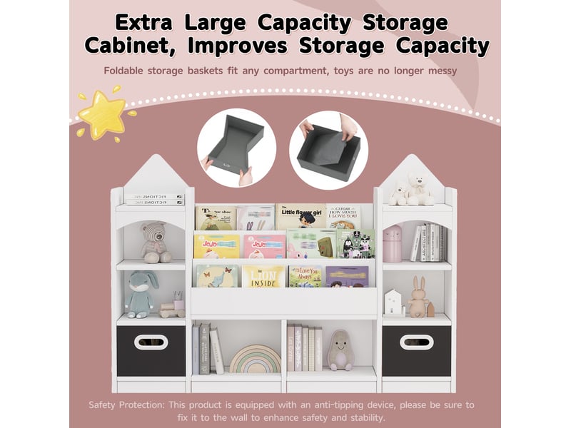  Bibliothèque enfant 130x30x90 cm blanche en mdf, 2 boîtes pliables, rangement de livres et jouets pour chambre  - Conforama E