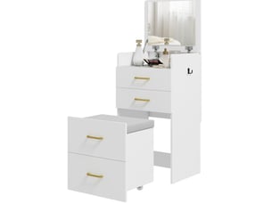 Coiffeuse 3-en-1 avec miroir, tiroirs et tabouret à roulettes blanc evryae