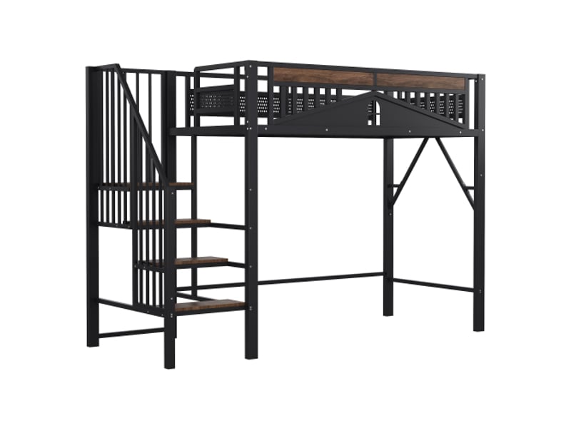  Lit mezzanine 90x200 cm, lit simple avec barrière de sécurité avec fenêtre, échelle de sécurité, sans matelas, en métal et bois, noir  - Conforama E