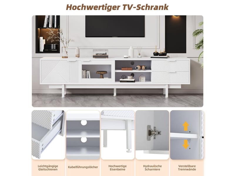  Meuble tv 200x40x50, design moderne avec 2 portes et 2 tiroirs, grand rangement et capacité de charge 45kg meuble tv avec rangement  - Conforama E