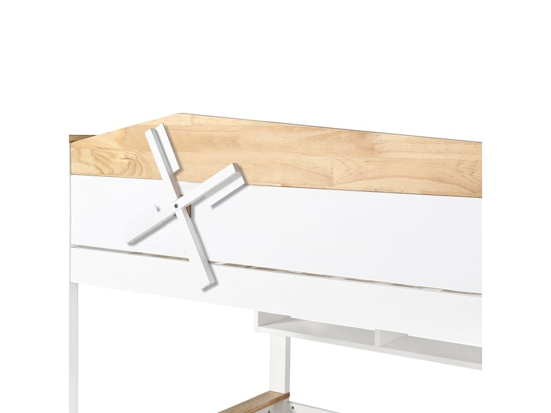  Lit superposé enfant 3 places -  échelle inclinée, design moulin à vent - étagères + 2 tiroirs, 90x200+140x200cm, blancnaturel  - Conforama W