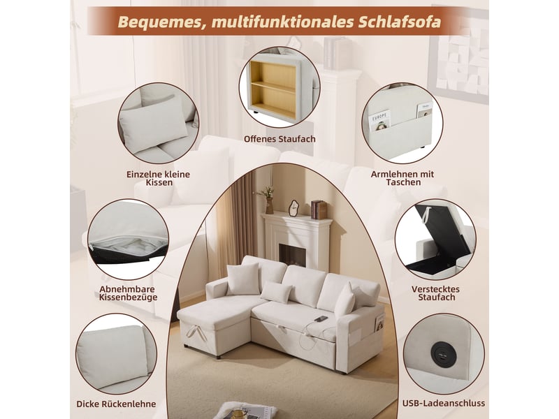 Canapé d'angle convertible 3 places avec rangement et usb, revêtement en flanelle beige, structure mdf robuste pour salon moderne - Conforama D