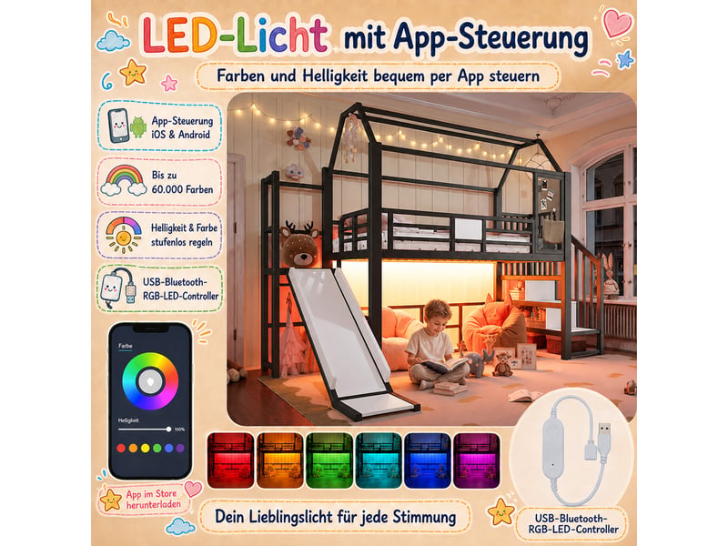 Lit mezzanine cabane enfant 90x200 cm, toboggan, escalier avec rangement, led bluetooth, métal et mdf, noir Radiant Stride - Conforama E