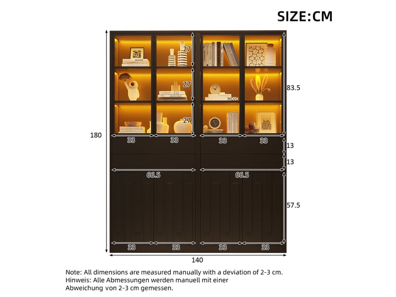 Lot de 2 vitrine led 140x34x180 cm, grand rangement avec 8 portes et 4 tiroirs, bluetooth, noir - Conforama C