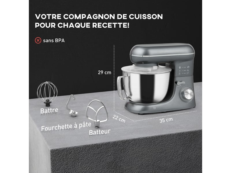 Robot pâtissier 1300 w, robot pétrin professionnel 4,5 l, bol d'acier inoxydable, argent, 6+p vitesses et pulse - Conforama C