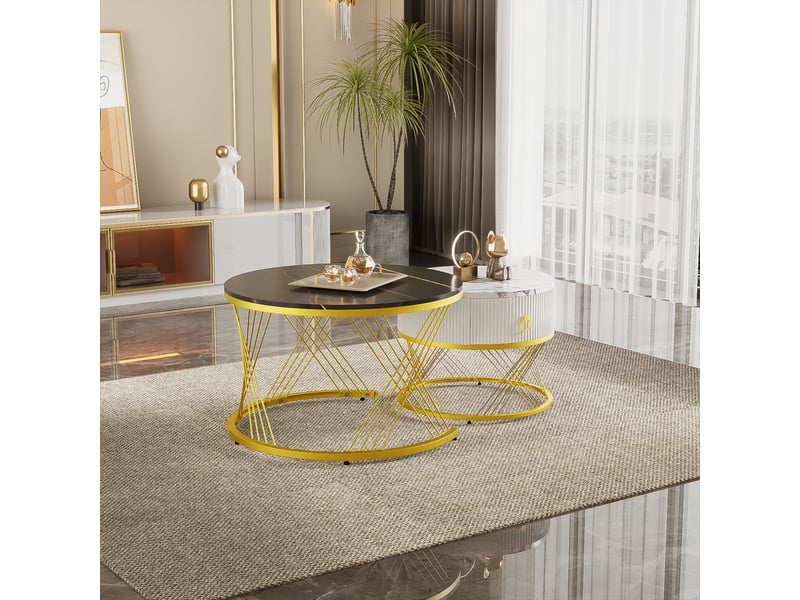  Tables basses 70x70x45 et 50x50x40 cm gigognes, tiroir sur petite table, mdf aspect marbre et métal, noir, blanc et doré ABC - Conforama E