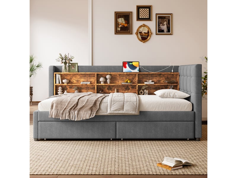  Lit banquette gris 90x200 cm en lin avec 2 tiroirs, ports usbtype-c et étagères  - Conforama B