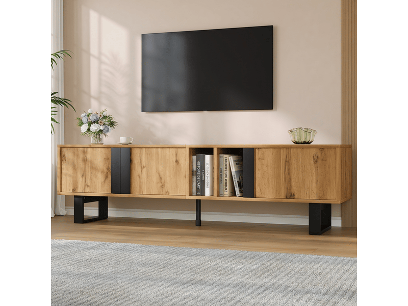  Meuble tv 160 cm bois naturel 3 portes pieds métal noir  - Conforama E