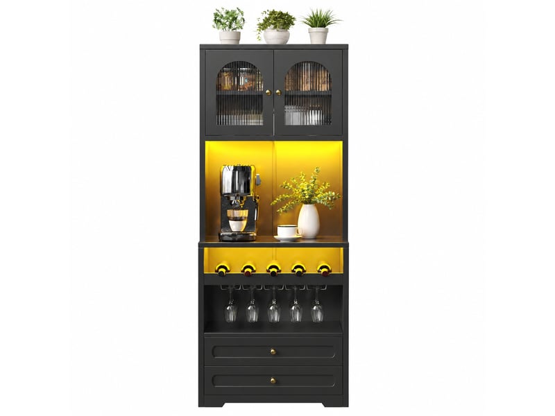  Buffet haut modenvie noir 70 x 40 x 180 cm led, portes vitrées cintrées, range-bouteilles, usb  - Conforama A