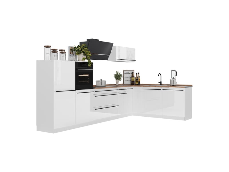  Vicco cuisine en angle, blanc haute brillanceblanc, 347 x cm plan de travail chêne doré  - Conforama E