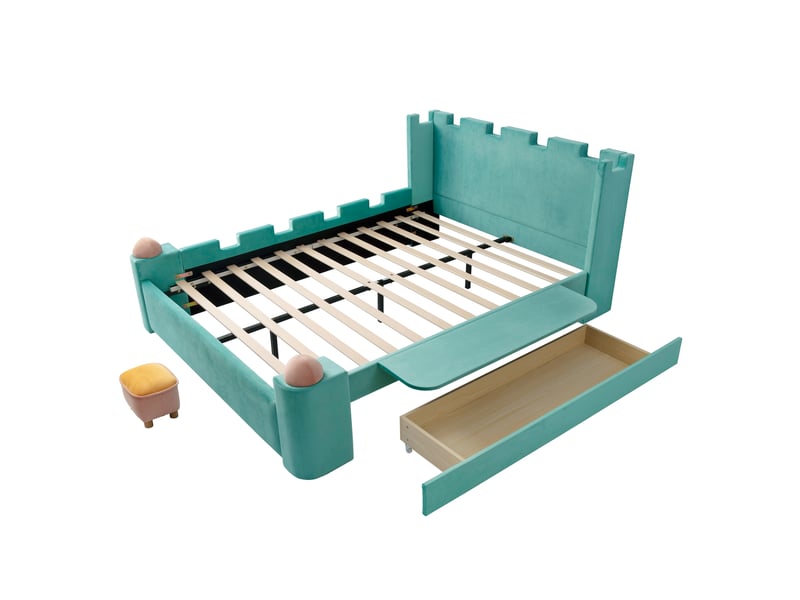 Lit capitonné lit double,140x200cm, avec balustrade de protection, coffre, velours, bleu  - Conforama A