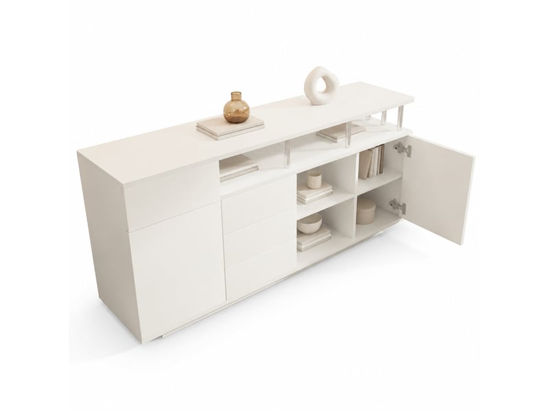  Buffet et enfilade avec 2 portes, 4 tiroirs, étagères réglables et led pour salon, en bois, blanc, 160 × 40 × 75 cm  - Conforama A