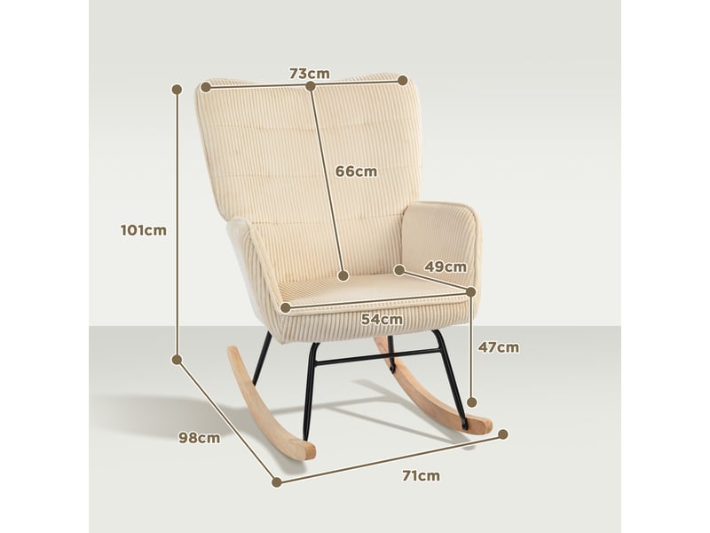  Fauteuil à bascule beige aspect velours côtelé avec accoudoirs et patins en bois, fauteuil de relaxation pour salon  - Conforama C
