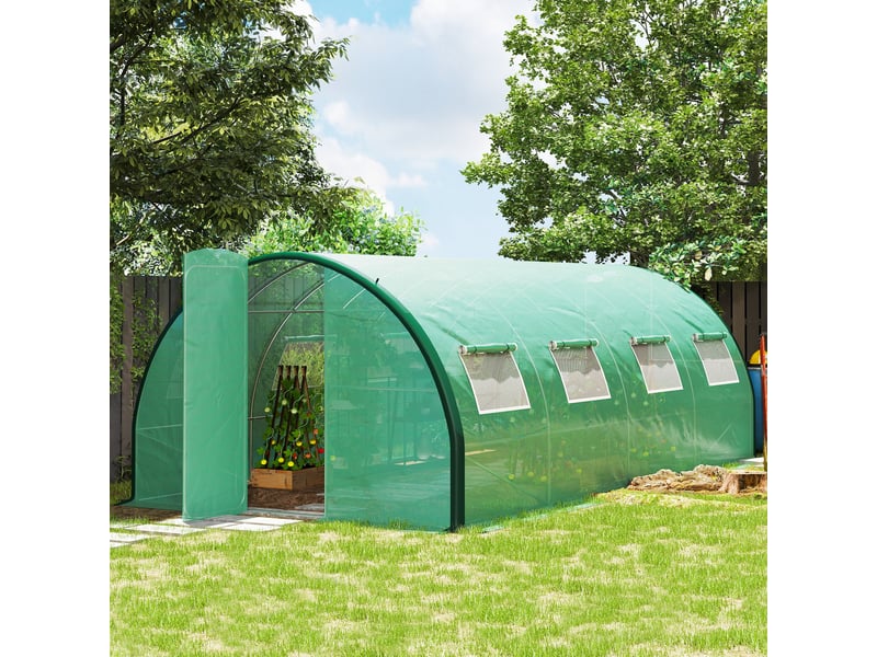  Serre de jardin tunnel serres tunnel 18 m² 8 fenêtres 2 portes articulées toile pe structure en fer galvanisé vert  - Conforama C