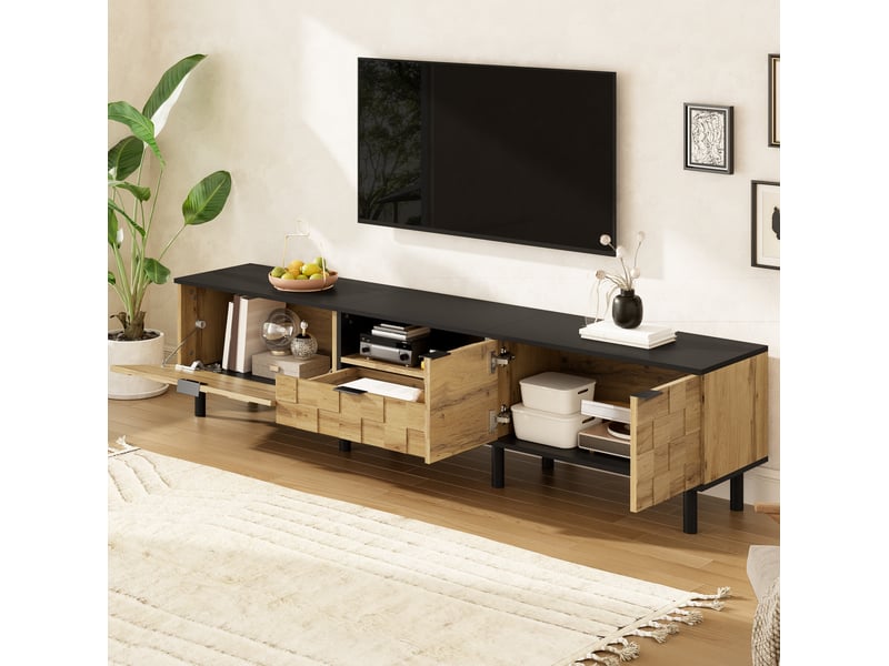  Meuble tv ulevr avec rangement 170 cm, 2 portes, tiroir, niche ouverte et passe-câbles, panneau de particules naturel et noir  - Conforama E