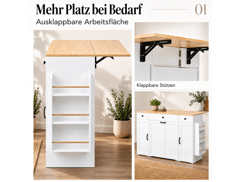 Buffet de cuisine 136 cm avec 3 tiroirs et 2 portes, meuble de rangement avec plateau effet bois, armoire vaisselle pour salle à manger - blanc et bois - Conforama E