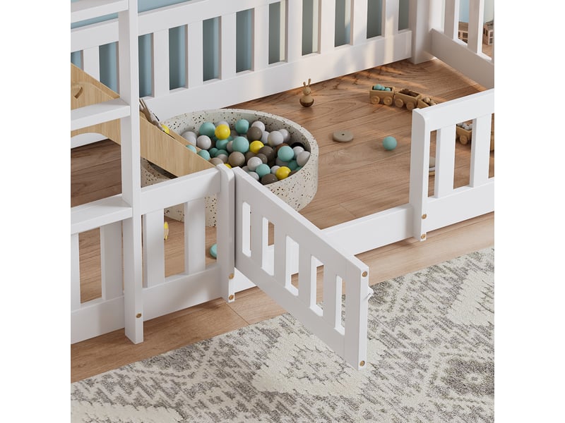  Lit mezzanine, lit simple avec escalier 3 marches, barrières et porte, 90x200 cm, sans matelas, blanc  - Conforama E