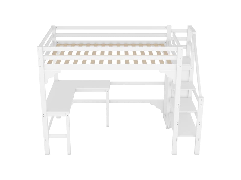  Lit mezzanine 140x200 cm avec bureau en l et escalier, pin, blanc, sans matelas  - Conforama E