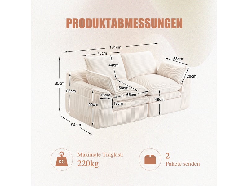  Canapé droit fixe 2 places tissu beige canapé compressible - Conforama C