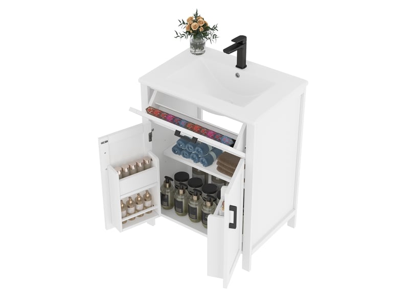  Meuble vasque sur pied blanc, 60 x 46 x 84 cm, en mdf et céramique, avec étagères réglables et vasque intégrée  - Conforama A