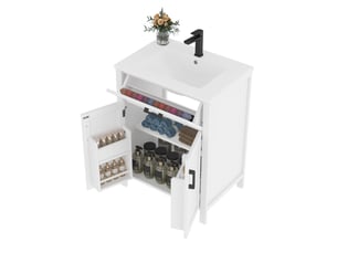 Meuble vasque sur pied blanc, 60 x 46 x 84 cm, en mdf et céramique, avec étagères réglables et vasque intégrée