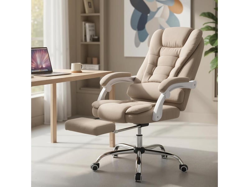  Fauteuil de bureau direction massant chauffant hauteur réglable dossier inclinable toile de lin beige  - Conforama D