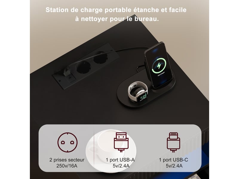  Table de chevet style luxe noir à texture cannelée 60×40×40 cm, 2 tiroirs avec tiroir caché, éclairage led rgb, station de charge prises secteur, usb‑a et usb‑c, compartiment de rangement ouvert  - Conforama R
