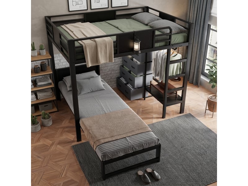 Lit superposé décalé, 120 x 200 cm en haut et 90 x 200 cm en bas, penderie, étagères, tiroirs en tissu, échelle et barrières de sécurité, métal, noir - Conforama E