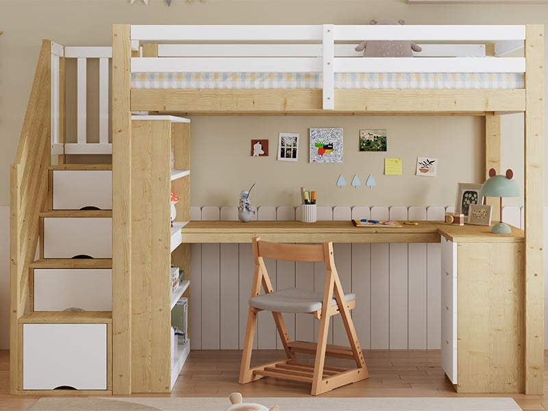 Lit mezzanine en bois 90 x 200 cm, blanc et bois naturel, avec bureau, étagère, tiroirs et escalier de rangement - Conforama B